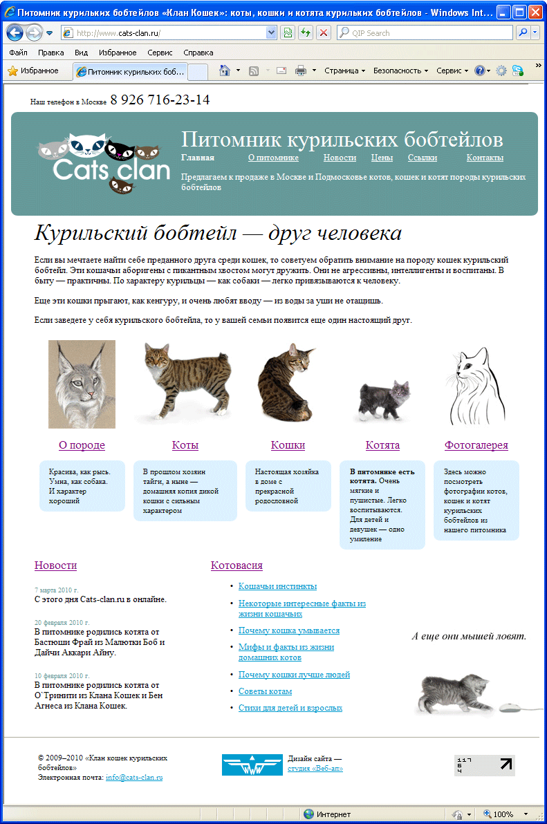 Дизайн главной страницы сайта «Клана кошек курильских бобтейлов»